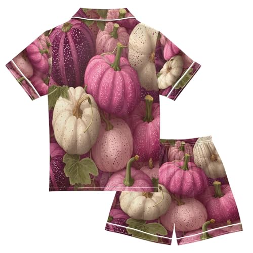 Satin Pajama Sets Short Sleeve Pink Pumpkins Fall Autumn Button Down Silky Nightwear 2 Piece PJS 5-14Y2