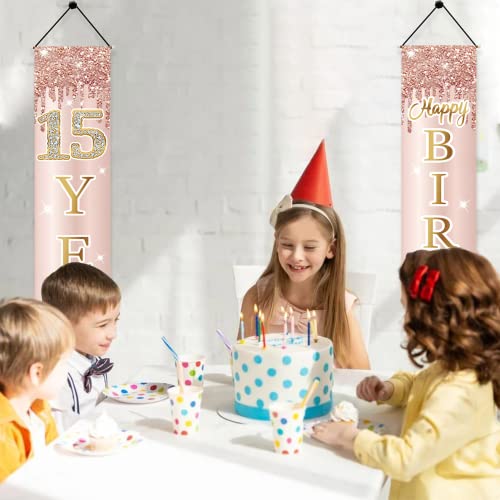 Image of 15th Birthday Door Banner Decorations for Girls, Pink Rose Gold Happy 15 Birthday Door Porch Backdrop Party Supplies, Fifteen Year Old Birthday Sign Decor