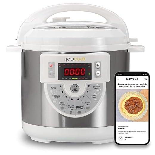 NEWCOOK Olla Programable Newcook Delicious Blanca, Olla a Presión Multifunción Eléctrica con Voz, 15 Funciones, 1000W,6 l, 4 Niv. Presión,Cubeta con recubrimiento cerámico. Accesorio para Freír
