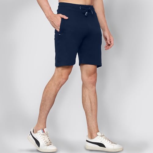 Image of NeoFlex Men's Regular Fit Cotton Shorts with Zipper Pocket - Comfortable Rich Solid Design, Essential Men's Shorts (Midnight Blue, L)