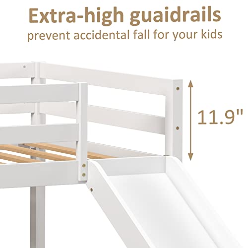 Tolead Loft Bed With Slide, Wood Twin Low Loft Bed With Climbing Ladder & Storage Space For Kids Toddler, White #TOP5