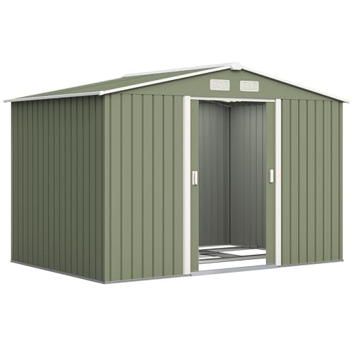 Outsunny Abri de Jardin en Acier galvanisé XXL 5,4 m² avec kit de Fondation 277 x 195 x 192 cm, cabane de Jardin cabanon Rangement Outils avec Portes coulissantes verrouillables et 4 aérations, Vert