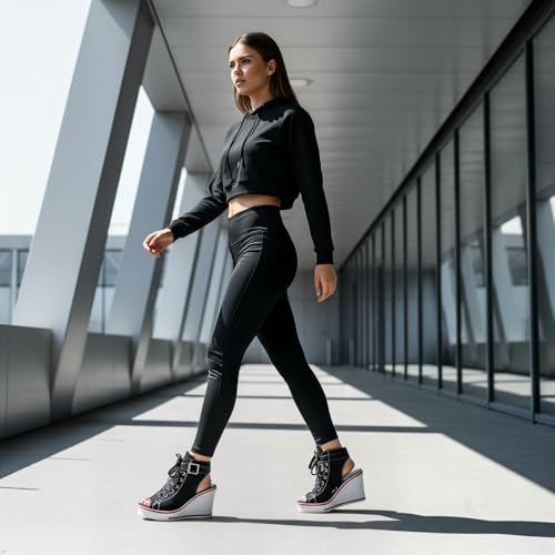 Image of OCHENTA Women's Peep Toe Wedge Sneakers Canvas Platform Shoes Side Zipper Lace up Buckle Fashion Sneakers Walking Shoes