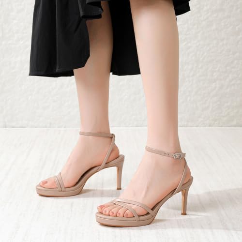 Image of RIBONGZ High Heels for Women Kitten Heeled Sandals with Ankle Strap Round Open Toe Strappy Stiletto Heels Comfort Summer Wedding Party Evening Prom Daily Dressy Shoes