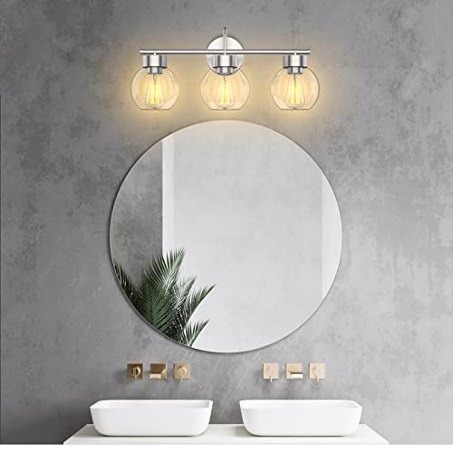 Image of EAPUDUN 3 Light Bathroom Vanity Light, Brushed Nickel Bathroom Light Fixtures with Clear Glass Shade Wall Sconce, Porch Wall Lamp for Mirror, WLA1435-BNK