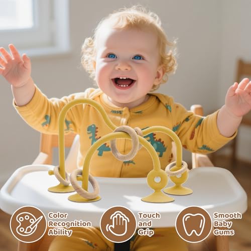 Image of Baby High Chair Toys Teething Chew - Baby Table Toys, High Chair Suction Toy Teething Toys Silicone Teethers, Food Grade Silicon for 6 12 18 Months Yellow
