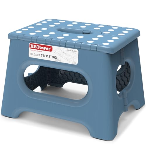 Image of HBTower Folding Step Stool 9 Inch - Holds 600 lb, Non-Slip Surface & Carry Handle - Sturdy Step Stool for Kids, Toddlers & Adults - Compact Foldable Foot Stool for Kitchen, Bathroom, Bedroom(Blue)