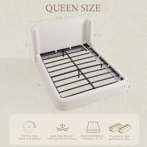 Image of Yechen Queen Cloud Bed, Upholstered Queen Platform Bed, Ivory