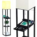 SUNMORY Floor Lamp with Shelves,Modern Dimmable Solid Wood Standing Lamp with 1 Drawer and 2 USB Ports & 2 Power Outlet,Corner Tall Bookshelf Lamp for Living Room and Bedroom(Black)