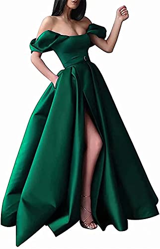 Off The Shoulder Long Satin A Line Dress Puffy Sleeves Ball Gowns Formal Evening Gowns Split Prom Dresses Hunter Green