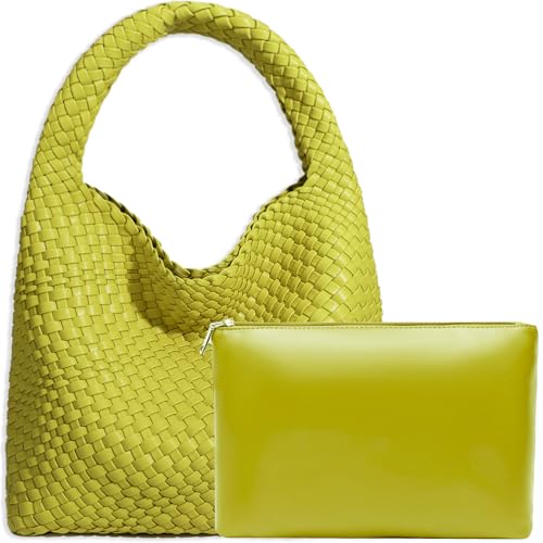 Women Vegan Leather Hand-Woven Tote Handbag Fashion Shoulder Top-handle Bag All-Match Underarm Bag with Purse (Lemon yellow)
