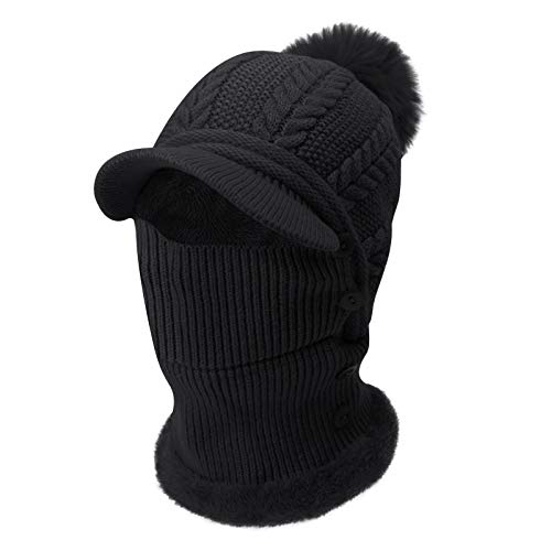 Afinder Women Winter Knit Baseball Cap Face Bandana Neck Gaiter Fluffy Pompom Thermal Fleece Lined Visor Skull Hat Circle Scarf Mufflers Windproof Running Cycling Bike Full Hood Hat Balaclava Black