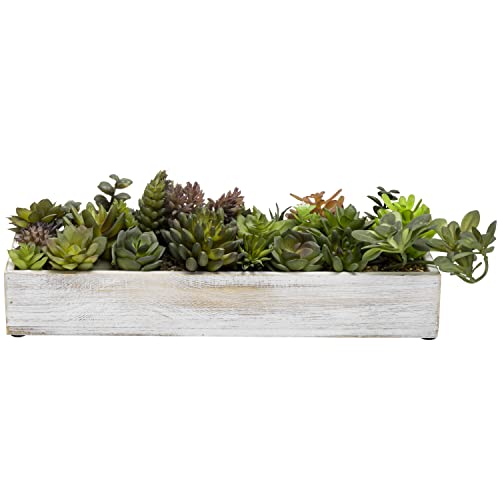 Mygift 15 Inch Shabby Whitewashed Wood Faux Succulents Centerpiece - Weathered Wooden Planter Rectangular Box, Artificial Plants Arrangement #TOP5