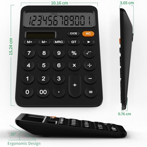 GUYUCOM 12-stelligen Taschenrechner mit LCD-Display, Sensitive Tasten, Desktop-Taschenrechner mit Dual-Power Solar & Batterie, Schwarz