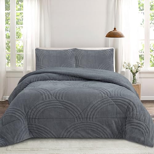 NH NOVOTEXTIL HOGAR Edredón Invierno Sherpa Cama 135 (230x260) Extra Grueso 560gr/m2 Efecto Borreguito - Edredón Suave, Cálido y Transpirable con 2 Fundas Almohada (50x70) (Zaporiya Gris)