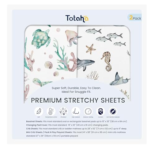 totaha premium soft pack n play sheets super stretchy jersey knit mini crib sheets fitted silky comfort pack and play mattress sheets 2 pack sea animal