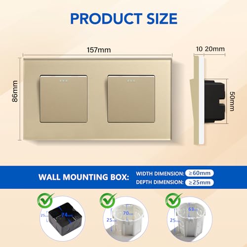 BSEED Lichtschalter 1 Fach 1 Weg +1 Fach 1 Weg Glas Lichtschalter Unterputz Taste Schalter Wandschalter Gold Kristall Kippschalter