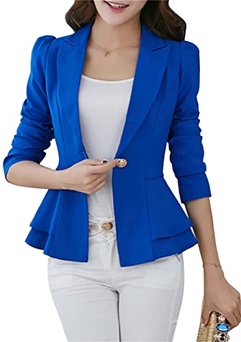 OMZIN Suave Y Ligero Cardigan Blazer para Mujeres Un Botón 3/4 Manga con Volantes Chaquetas De Negocios Azul XXS
