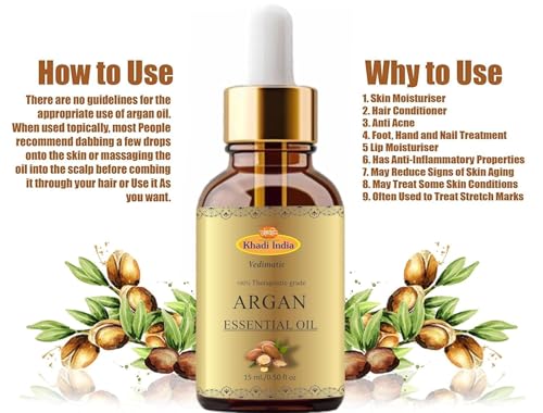Image of Khadi 100% Pure Herbal Natural Moraccan Argan Oil, Cold Pressed Organic, for Skin, Hair & Anti-Ageing Face Care (Pack Of 1, 15ml., Argan)