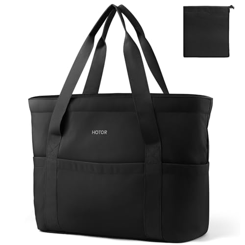HOTOR Tote Bag for Women - Foldable Lightweight Tote Bags with Zipper, Large Shoulder Bag Top Handle Handbag Carry-On Bag for Travel, Shopping, Work, Black, 19.7' x 6.7' x 13.8'