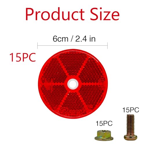 Image of 15 Pcs Front Reflector Round for Driveway Fence Gate Posts Trailers Safety Reflectors Automobiles Boats Mailboxes Reflector,Matching Screws Included(2.4inch Red)