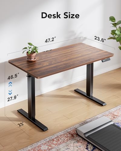HUANUO 48" x 24" Electric Standing Desk Adjustable Height, 4 Memory Height Settings, Headphone Hook, Cable Manager, Sit Stand Up Desk for Home Office & Computer Workstation, Walnut