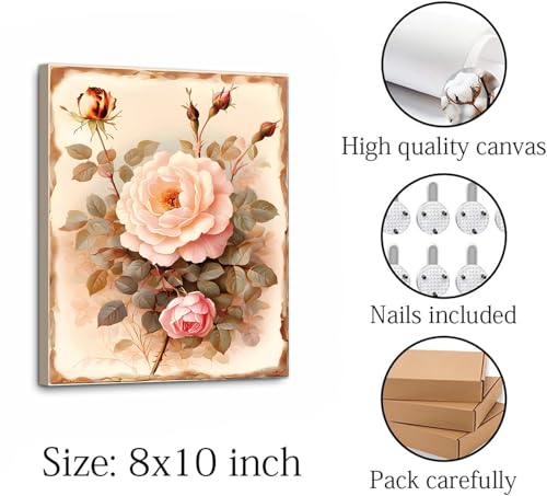 Image of Framed Vintage Flowers Canvas Wall Art Pink Rose Wall Decor,Set of 4