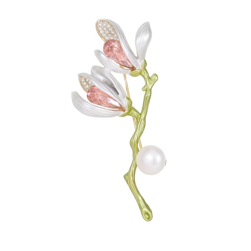 Image of 14K Gold Graceful Vintage Chinese Style Brooch Pin for Women, Freshwater Pearl Magnolia Flower Pink /White Pin, Ideal for Traditional Events, Women's Brooches & Pins