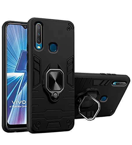 Image of Pikkme D5 Tough Armor Bumper Back Cover Case for Vivo Y19,Vivo U20 |Ring Holder & Kickstand in-Built (Black)