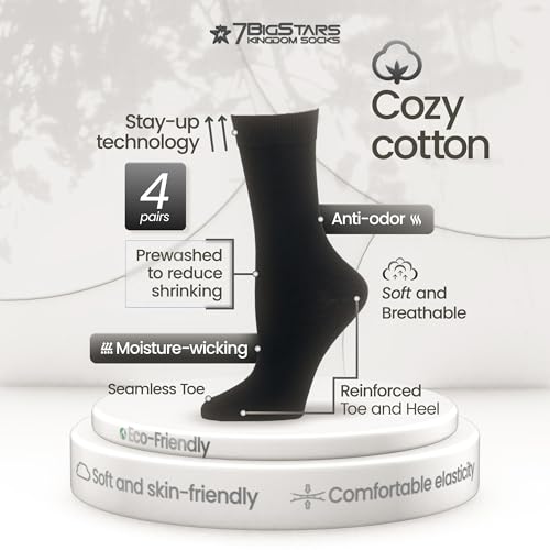 7BigStars Women's Cotton Dress Socks - 4 Pack L/M - Solid Assorted Crew Calf Black Brown Blue Grey Beige Khaki Olive Green2