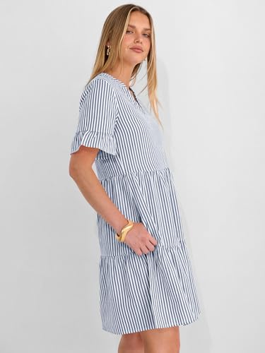 Image of Caracilia Dresses for Women Summer 2026 Striped V Neck Ruffle Sleeve A Line Tiered Flowy Casual Mini Beach Dress with Pockets