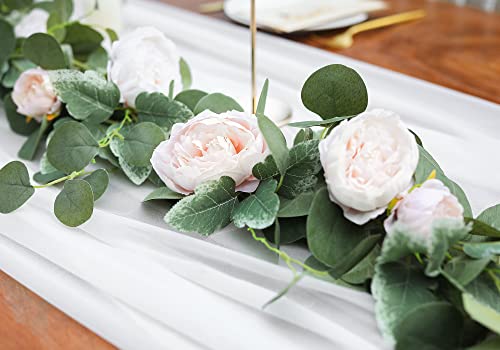 Misspin 2Pcs Artificial Flowers Garland Eucalyptus Garland Vintage Fake Flower Peony Rose Vine Greenery Decorative Wall Hanging Plant For Wedding Arch Door Arrangement Party Decor (Light Pink,2Pcs) #TOP5