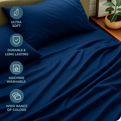 Image of 100% Cotton Printed Bedsheets - Flat Sheet with 2 Pillow Cover Comfortable & Durable Sheet for King Size Bed Navy Blue, 300 TC