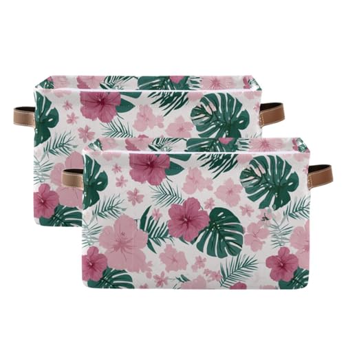 Image of Aslsiy Storage Basket Hibiscus Flower Pink Nursery Bins Monstera Leaf Baby Box Canvas Clothes Shelf Basket Laundry Hamper 2 Pcs