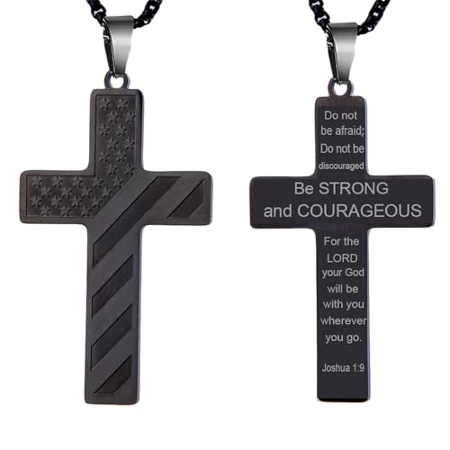 American Flag Cross Necklace for Men with Bible Verse Joshua 1:9 Black Silver Tone Stainless Steel Christian Pendant Necklace Box Chain2