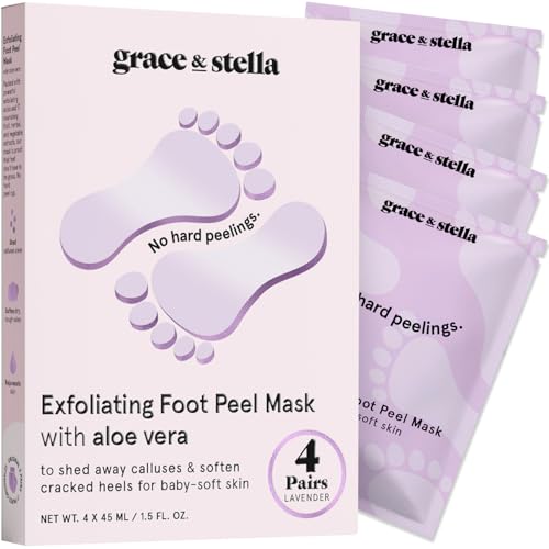 grace & stella Award-Winning Foot Peel Mask – Foot Peeling Mask with Aloe Vera – Moisturizing Foot Mask for Dry Cracked Feet – Foot Exfoliator for Baby Soft Feet (4 Pairs, Lavender)