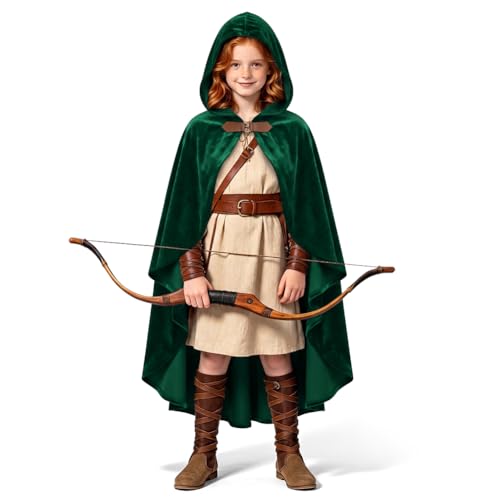 BSBUY Capa Verde Con Capucha, 90cm Medieval Disfraz Gótico Adulto, Terciopelo, Halloween Para Cosplay de Bruja Vampiro Mago, Disfraz Mujer Hombre Para Carnaval Fiesta