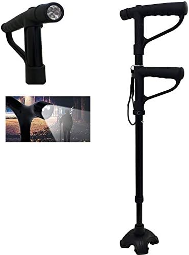Walking Cane Stick Multi-Function Double Handle Design with Flashlight LED Lights Build-in Comfortable Cushion Handle Adjustable for get up and go Men and Women (Black)