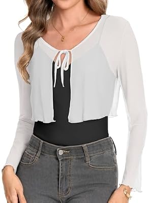 Women Mesh Shrug Bolero Cardigan – Long Sleeve Sheer White Shawl, Size L – Elegant Lightweight Layer...