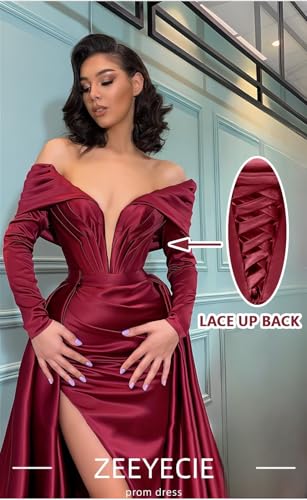 Zeeyecie V-Neck Satin Prom Dresses with Slit 3D Flower Beaded Sequin Sparkly Mermaid Long Evening Formal Ball Gowns2