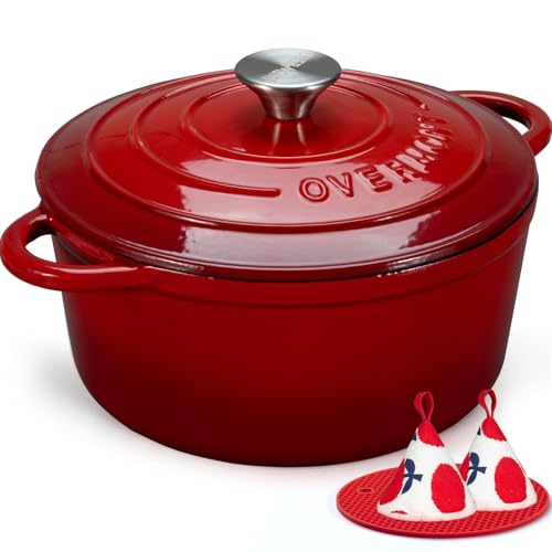 Overmont Olla de Hierro Fundido - Antiadherente Cacerola Holandesa de Esmaltado con Tapa - Ø26 CM Redonda Cacerola Holandesa para Cocinas de Inducción - Rojo
