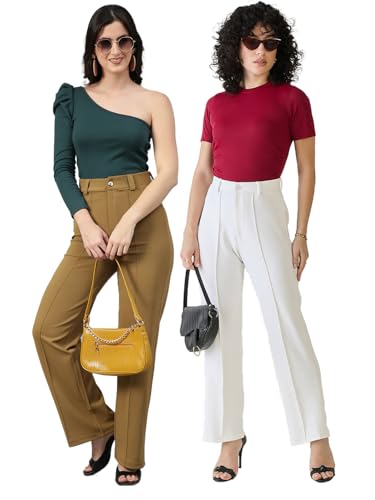 Image of KOTTY Women's Formal Wear Pant Combo Pack of 2 High Waist Straight Fit Office Wears Trousers For Women