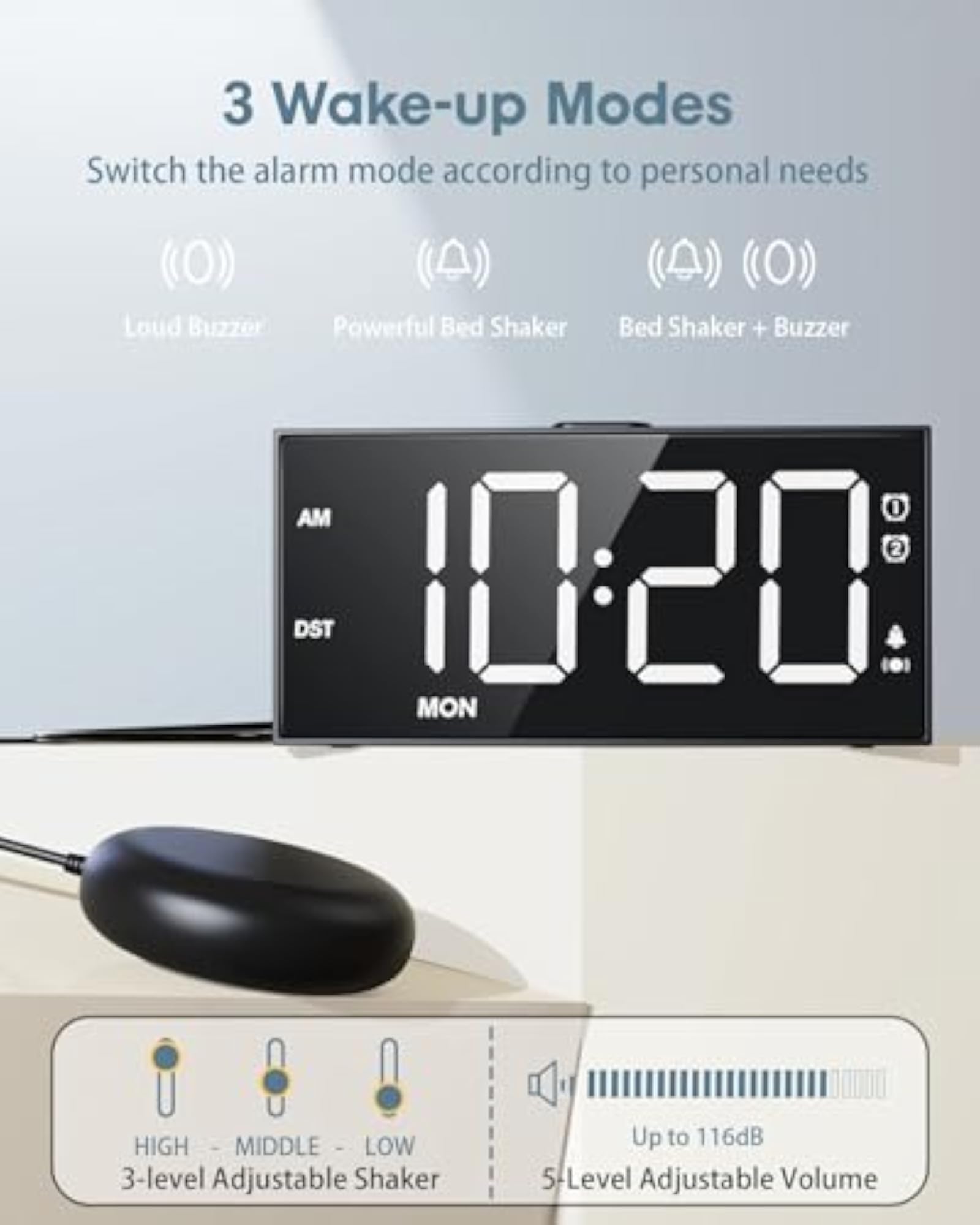 Vibrating Alarm Clock with Bed Shaker for Heavy Sleepers