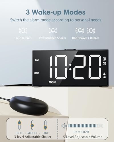 Upgraded Loud Alarm Clock with Bed Shaker for Heavy Sleeper,3-level Vibrating,Large Digits,Weekday/Weekend Mode,Dual Alarms for Hearing-impaired/Deaf,5 Volume,Dimmer,USB Charger,Snooze,Battery Backup