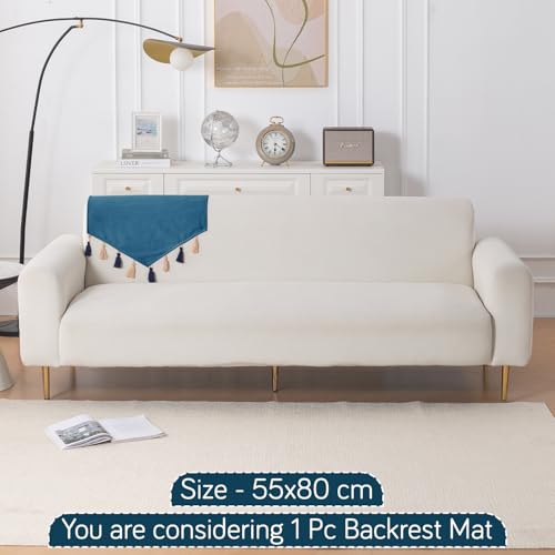 Image of HOKIPO Premium Holland Velvet Sofa Backrest Cover with Tassels - 'TasselTone Series', Sea Blue (IN-1103-BL)