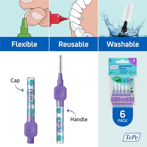 Image of TePe Interdental Brush Original, Soft Dental Brush for Teeth Cleaning, Pack of 6, 1.1 mm, Large Gaps, Purple, Size 6