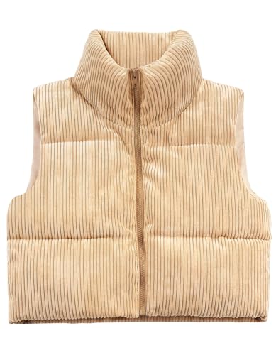 Women's Cropped Puffer Vest Winter Sleeveless Warm Outerwear Vests Lightweight Corduroy Coat with Invisible Pockets