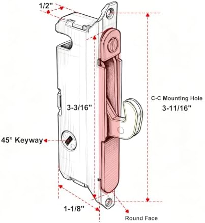 MOSECYOU Replacement Latch for Sliding Patio Mortise Door Lock, 45° Keyway - 3