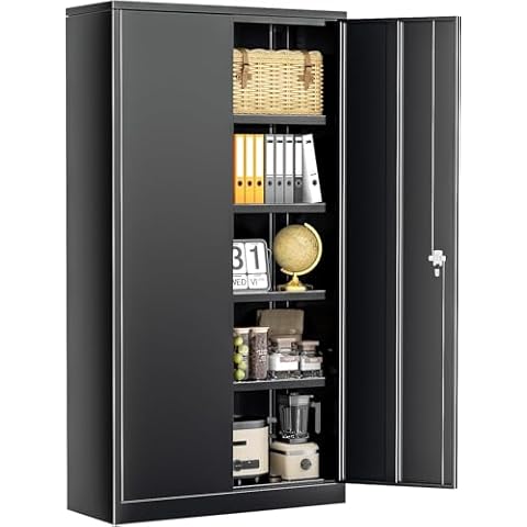 SUNCROWN Metal Garage Storage Cabinet, 72" Locking Steel Garage Cabinets with 2 Door and 4 Adjustable Shelves, Tall Metal Tool Cabinets for Home Office, Garage, School, (Black) Cover