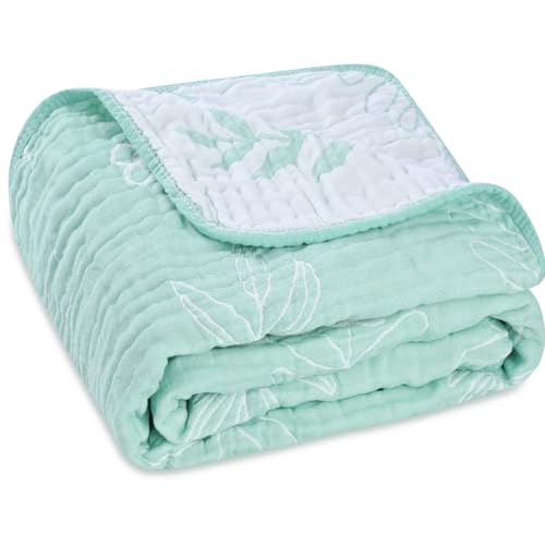Image of HardNok 6-Layer Muslin Baby Blanket Made with Organic Cotton - Nature Inspired Pattern,Swaddle & Crib Quilt, 43" x 43",Leaf Flower Green